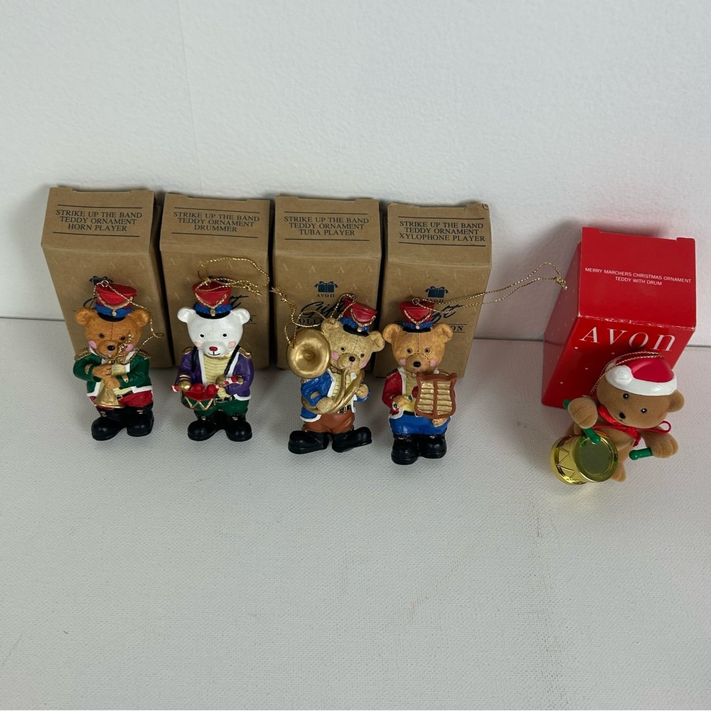 Avon VTG Set of 4 "Strike up the Band Teddy" Ornaments, with bonus ornament